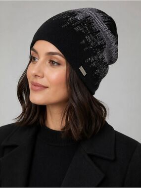 Calvin Klein "Barre" City Skyline Beanie Hat Black Silver Shimmer OSFM